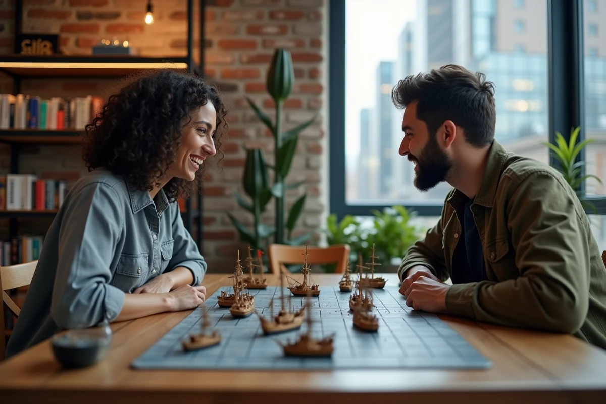 Deux adultes jouant à un jeu de bataille navale stratégique sur une table moderne dans un appartement contemporain