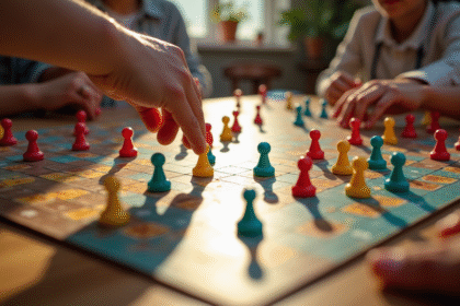 Partie de jeu de l'oie en cours sur une table en bois avec plusieurs mains
