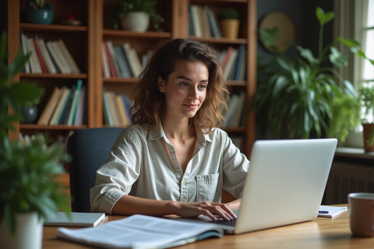 Jeune femme corse travaillant sur son ordinateur dans un bureau cosy