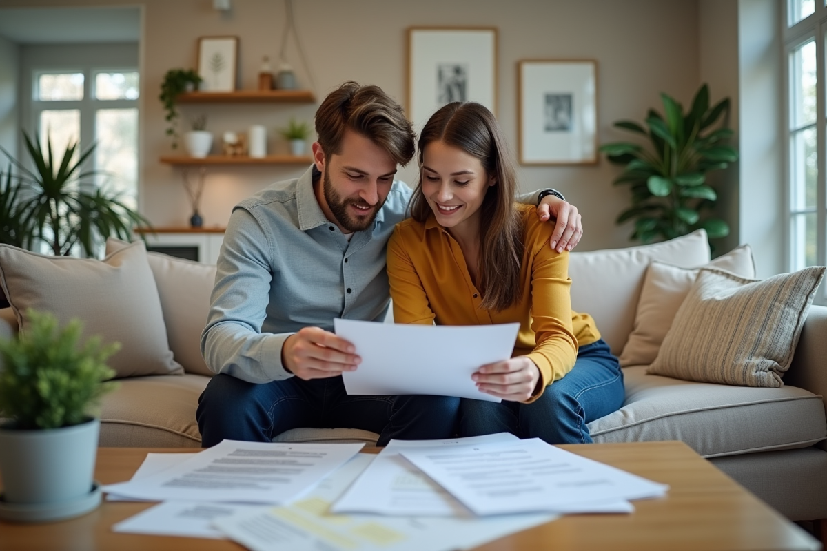Jeune couple discutant de papiers de prêt immobilier dans le salon