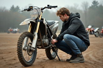 Jeune homme en motocross examine la suspension d'un pit bike