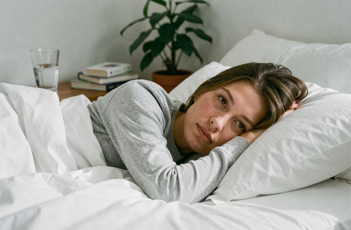 Jeune femme allongée sur son lit les yeux ouverts dans un moment de tristesse silencieuse et d'introspection