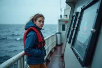 Jeune femme en bateau de recherche regardant un écran digital