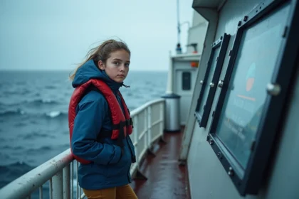 Jeune femme en bateau de recherche regardant un écran digital