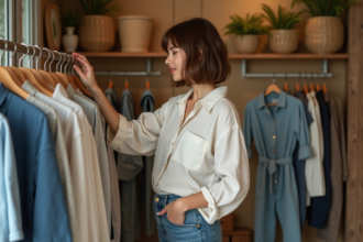 Jeune femme dans une boutique de vêtements faits main