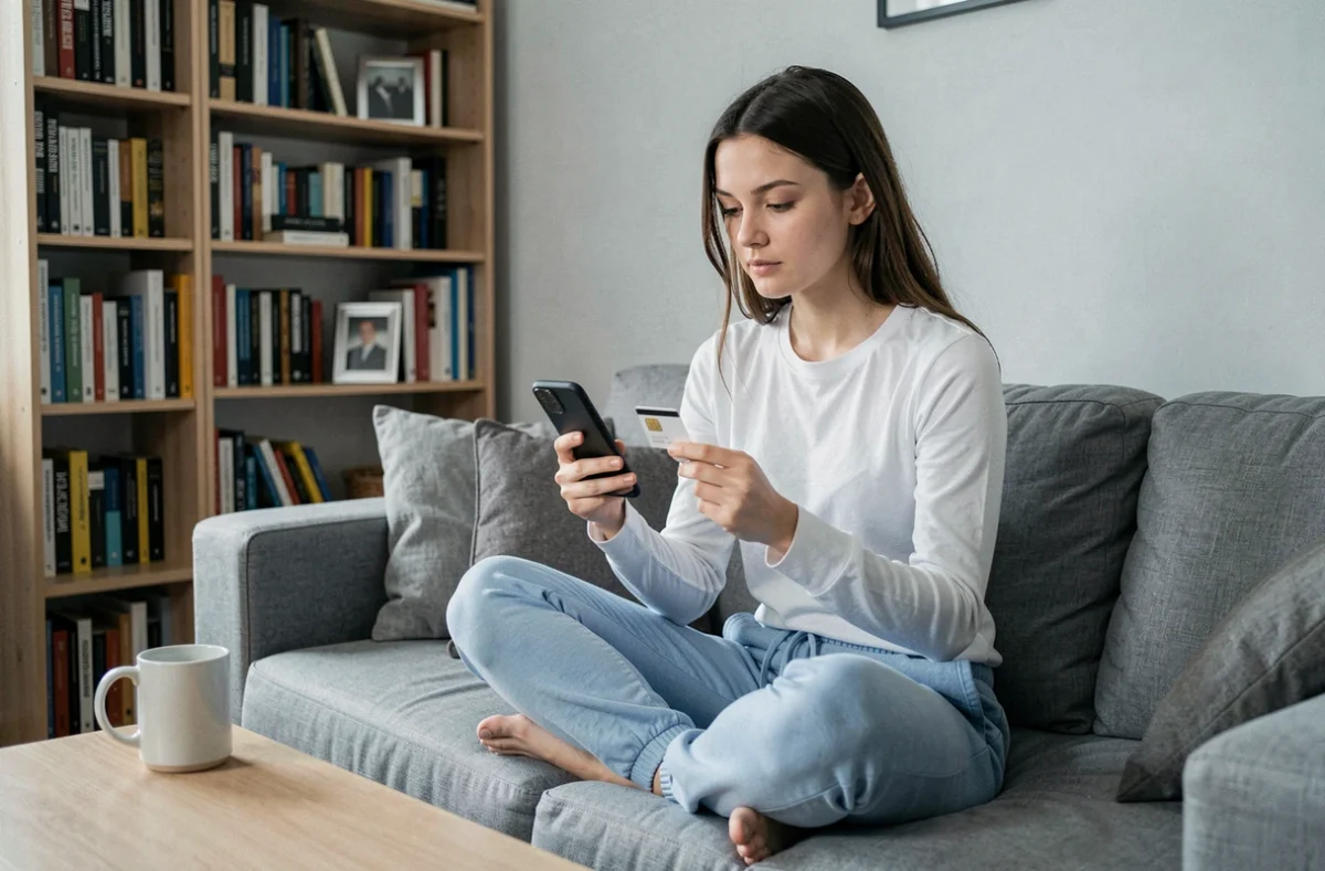 Jeune femme tenant une carte SIM et comparant des offres prépayées sur son téléphone dans son appartement