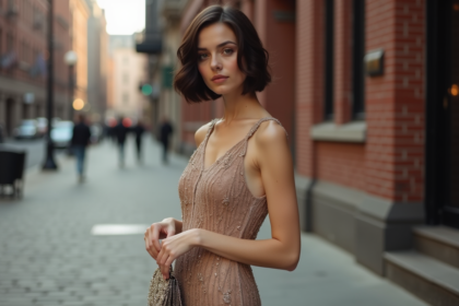 Jeune femme en robe flapper vintage et sac à main en perles