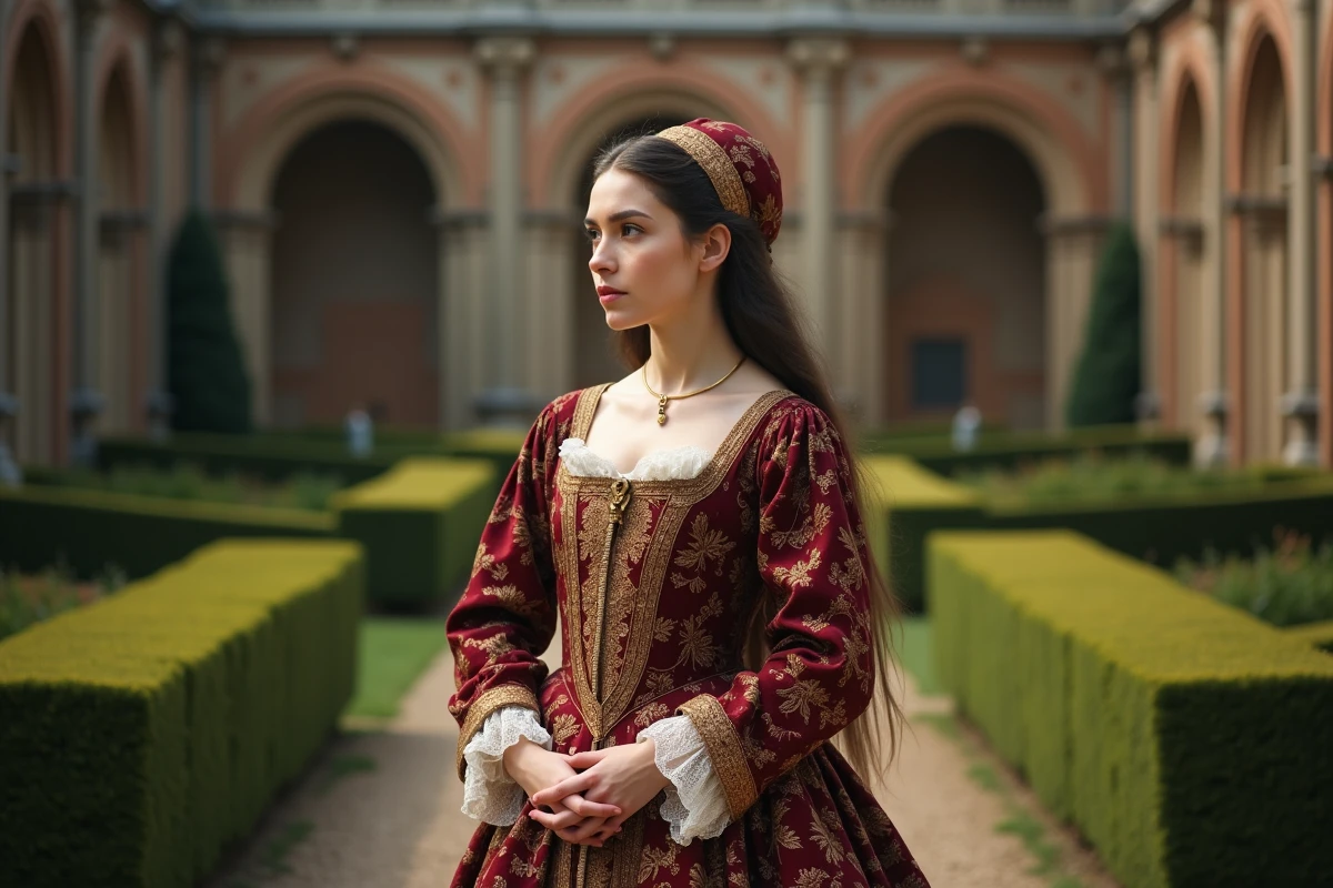 Jeune femme en robe Tudor dans un jardin royal