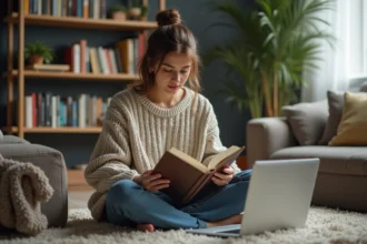 Jeune femme lisant un roman dans un salon chaleureux