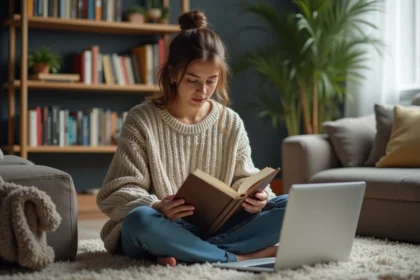 Jeune femme lisant un roman dans un salon chaleureux