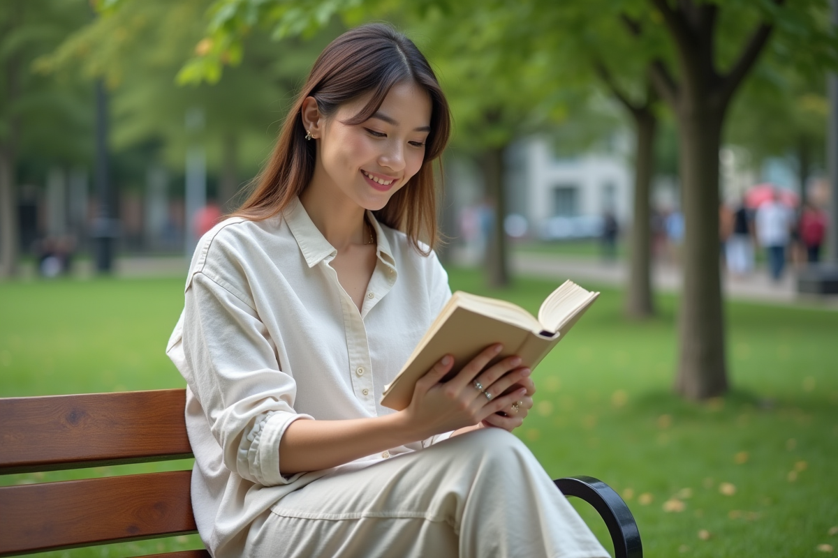 Jeune femme lisant dans un parc verdoyant en plein air