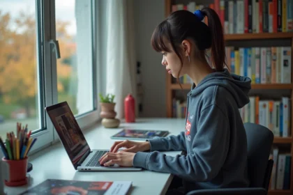 Jeune femme regardant des mangas sur son ordinateur portable