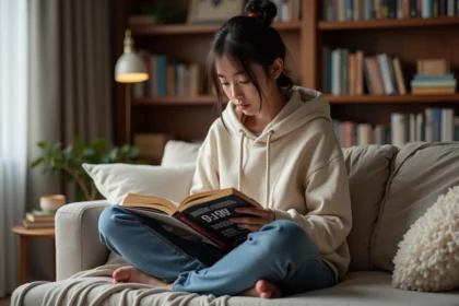 Jeune femme lisant un manga Black Clover dans un salon cosy