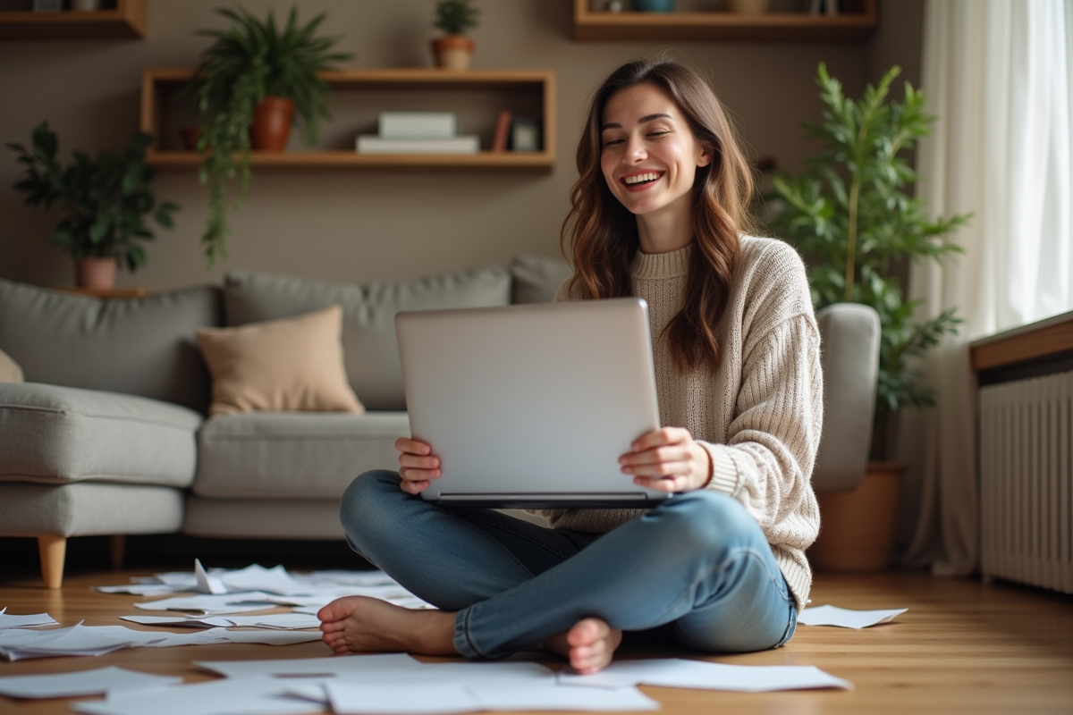 Jeune femme souriante utilise un ordinateur portable chez elle