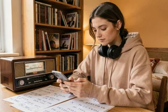Jeune femme écoutant Skyrock sur son smartphone avec une radio FM vintage posée sur un bureau en bois