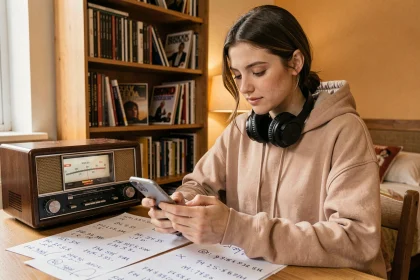 Jeune femme écoutant Skyrock sur son smartphone avec une radio FM vintage posée sur un bureau en bois