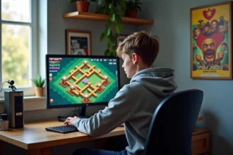 Jeune garçon concentré sur son ordinateur Clash of Clans