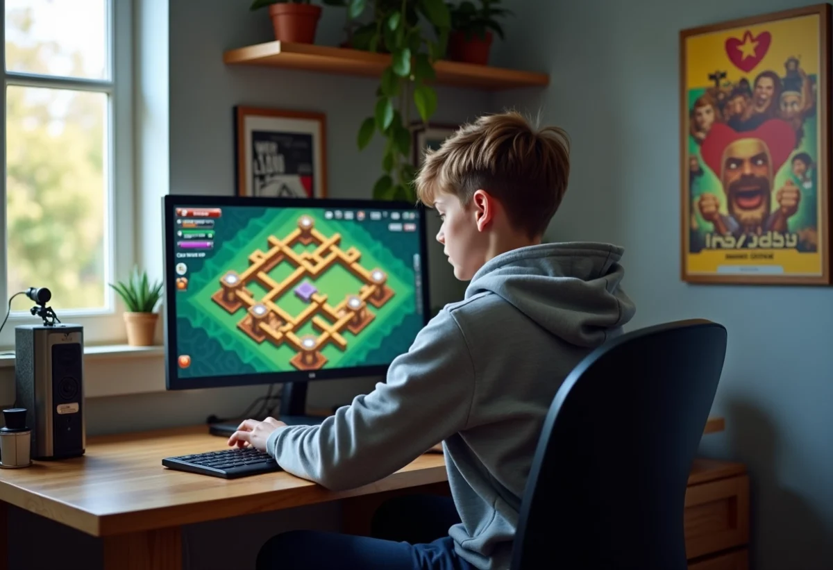 Jeune garçon concentré sur son ordinateur Clash of Clans