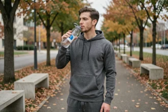 Jeune homme en tenue sportive tenant une bouteille Air Up avec pod aromatique en extérieur dans un parc urbain en automne