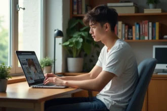 Jeune homme concentré lisant manga Black Clover sur son ordinateur