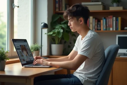 Jeune homme concentré lisant manga Black Clover sur son ordinateur