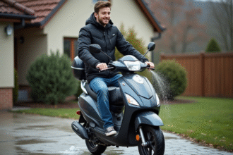 Jeune homme lave son scooter 50cc avec un sponge