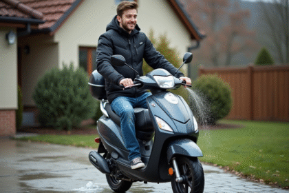 Jeune homme lave son scooter 50cc avec un sponge