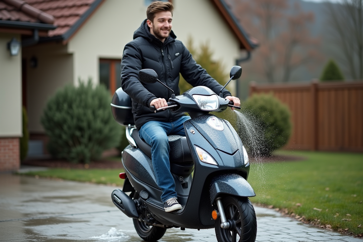 Jeune homme lave son scooter 50cc avec un sponge