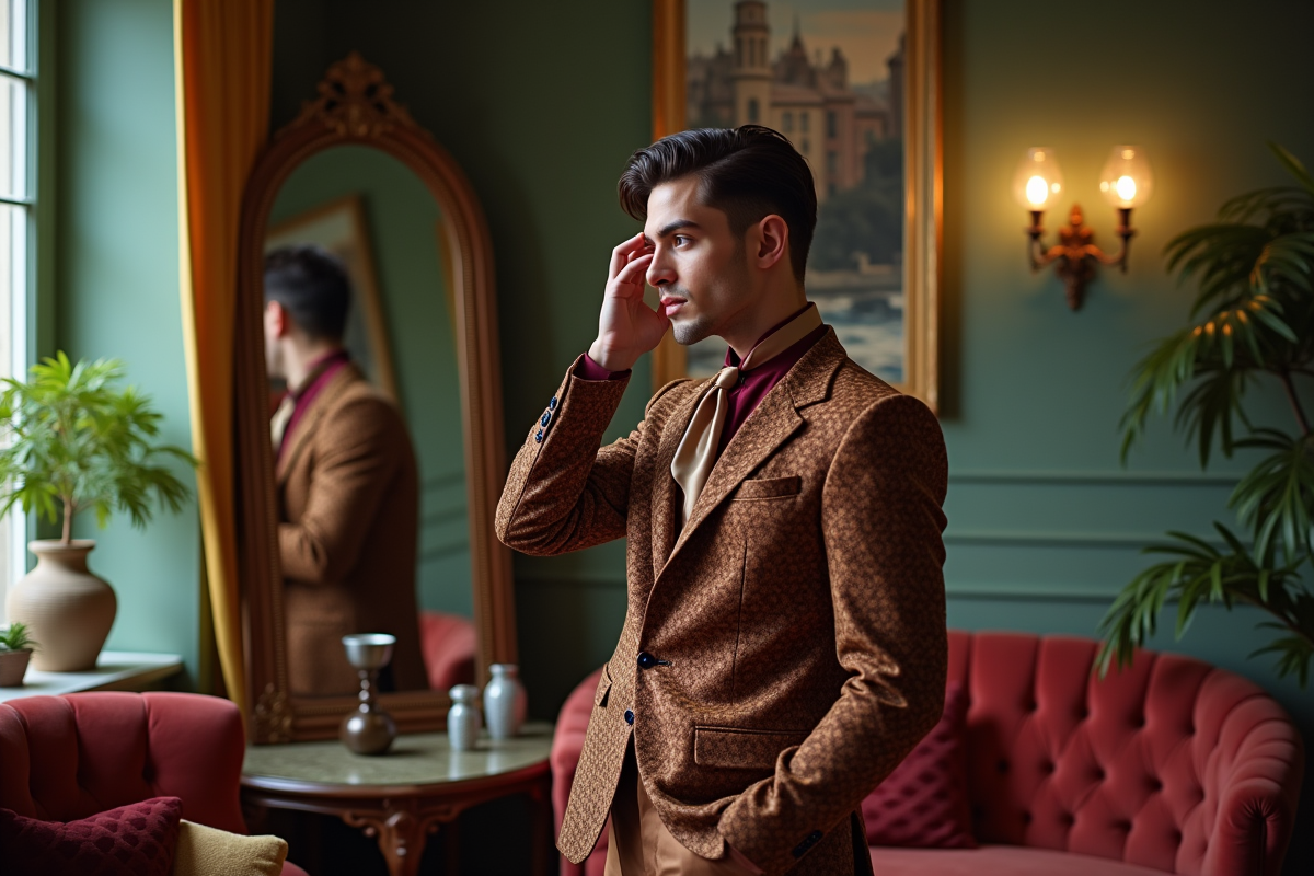 Jeune homme stylé dans un appartement créatif avec miroir vintage