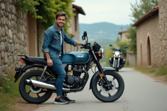 Jeune homme en denim sur une moto dans la campagne