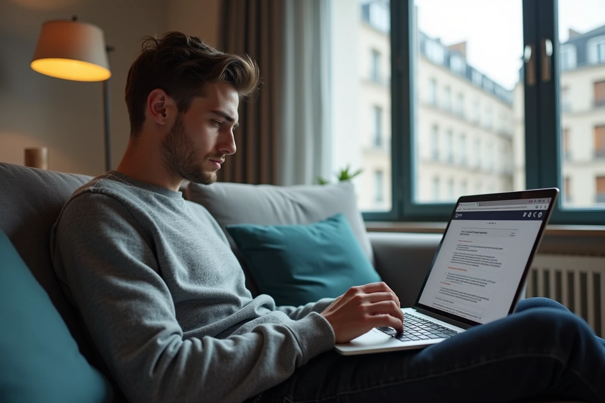 Jeune homme consultant un quiz de parti politique sur son ordinateur portable dans son appartement
