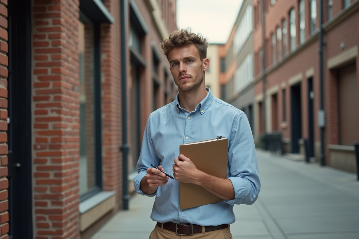 Jeune homme devant une propriété urbaine avec carnet et stylo