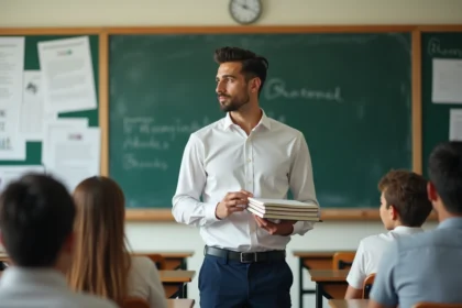 Jeune professeur debout devant le tableau dans une salle moderne