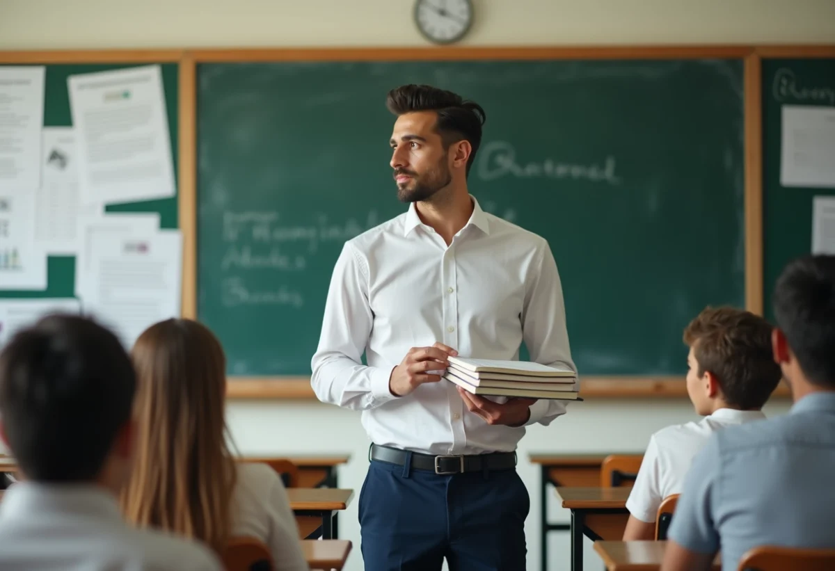 Jeune professeur debout devant le tableau dans une salle moderne