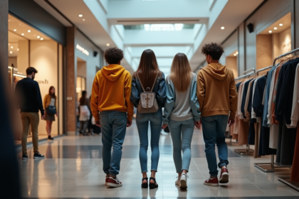 Groupe de jeunes adultes dans un centre commercial moderne