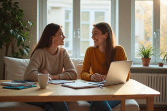 Jeunes adultes discutant dans un salon lumineux et cosy