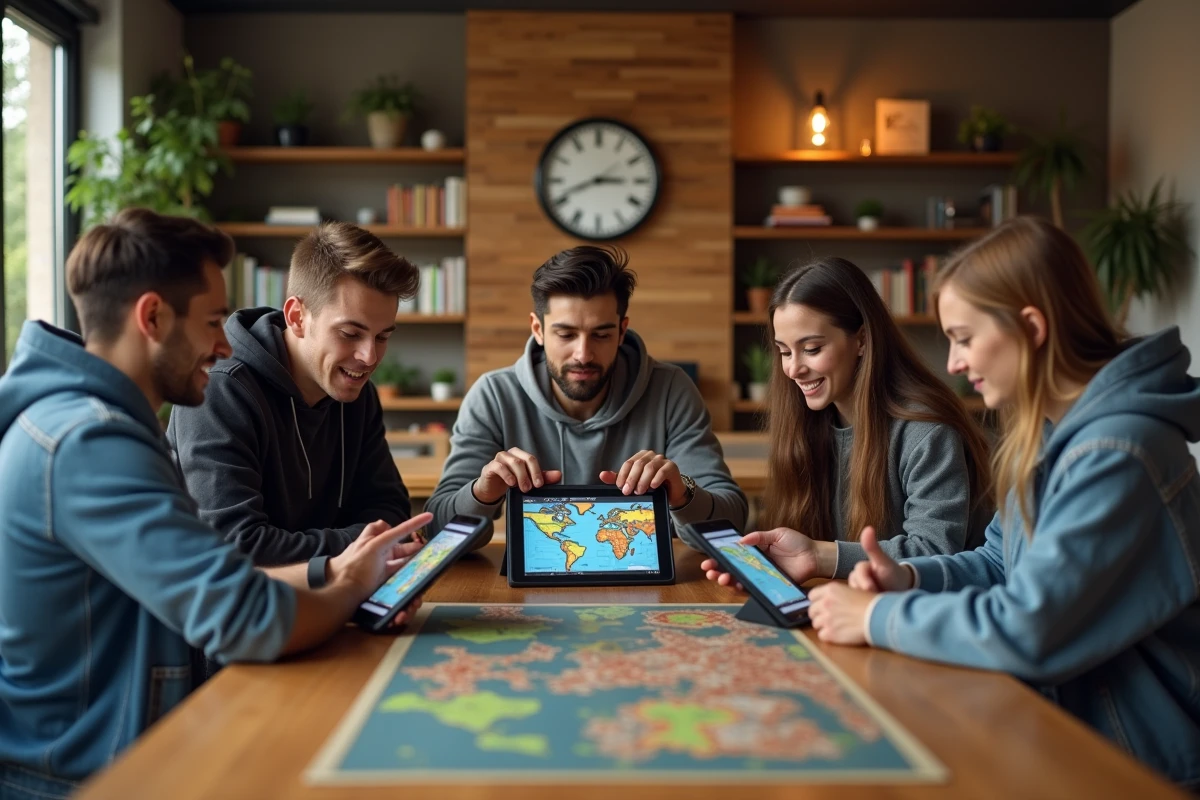 Groupe de jeunes autour d'une table avec tablettes pour Clash of Clans