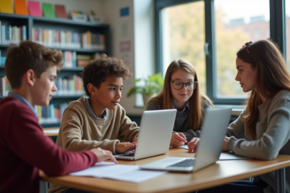 Quatre lycéens collaborent autour d'une table en classe