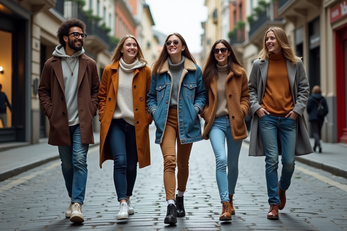 Groupe de jeunes en streetwear moderne dans une rue pavée animée