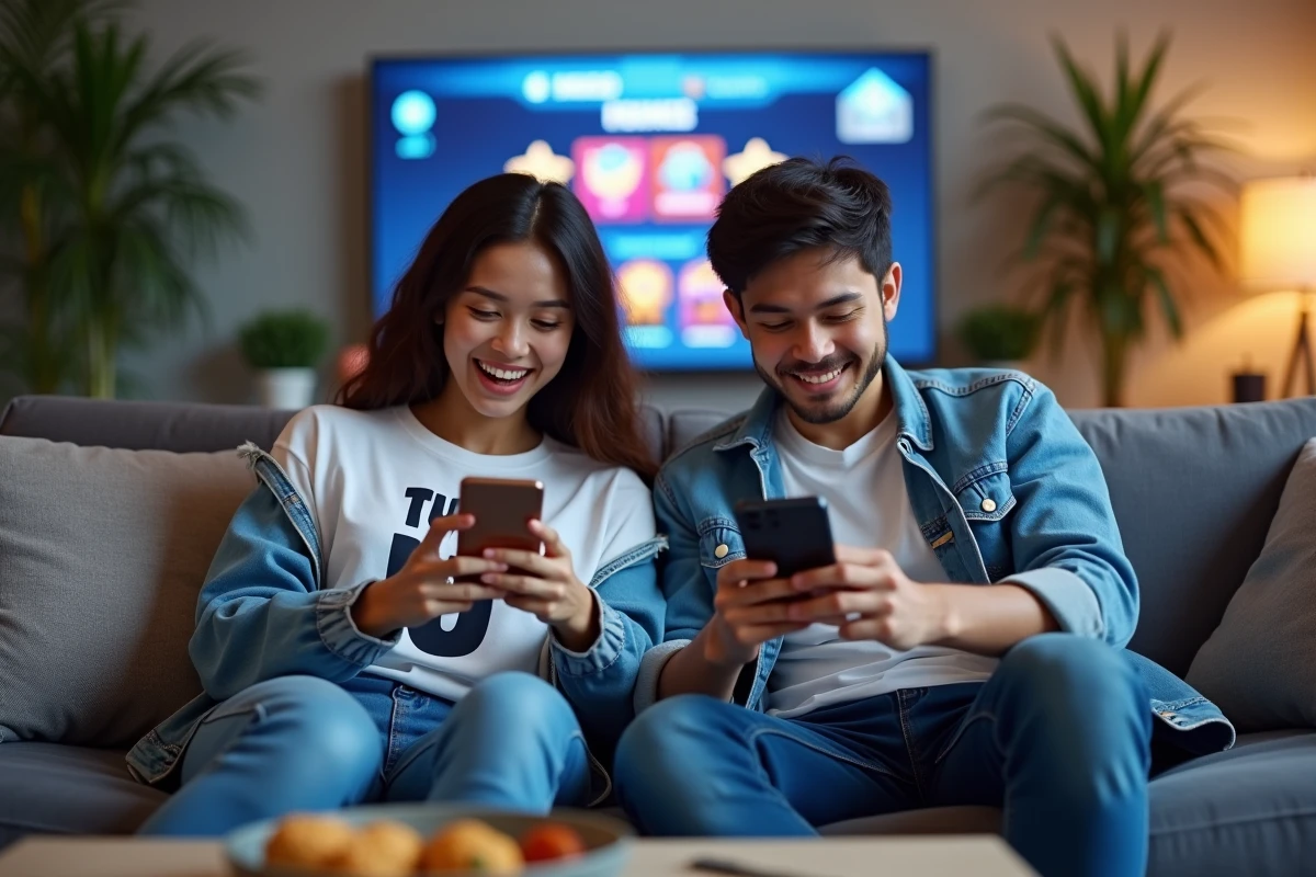 Deux jeunes joueurs comparant leurs codes Brawl Stars sur canapé dans un salon moderne