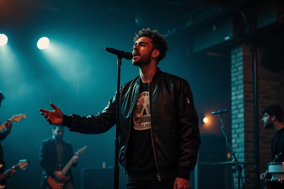Jules rappeur en concert sur scène underground, micro en main devant un public parisien