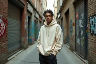 Jules rappeur français posant dans une ruelle parisienne avec graffitis, ambiance urbaine authentique