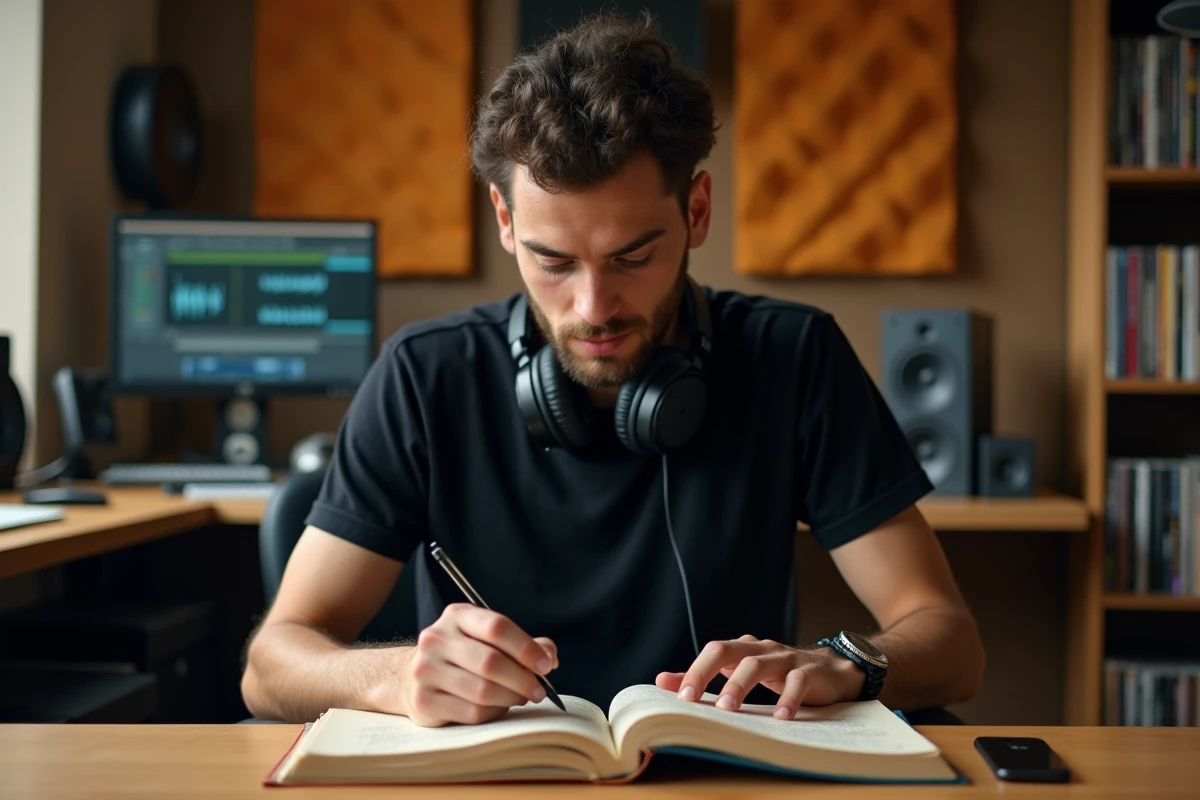 Jules rappeur dans son studio d'enregistrement maison, écrivant ses paroles dans un carnet
