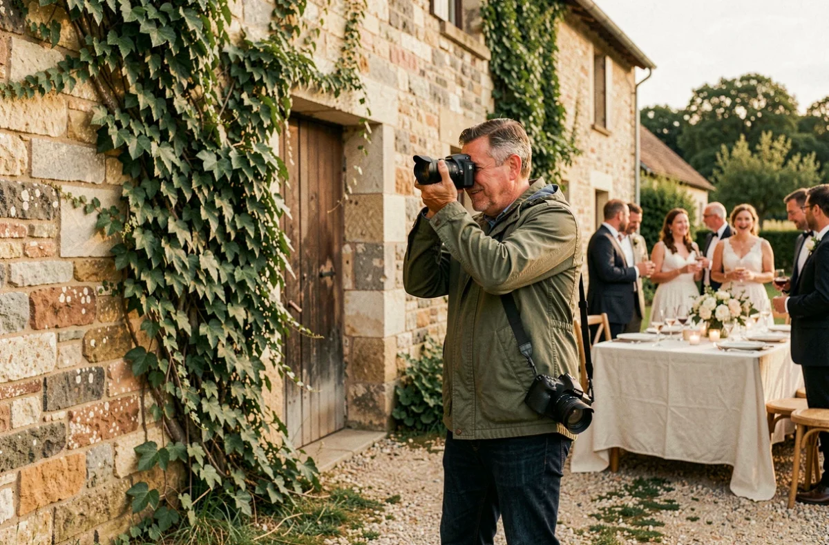 Julien Tuyeras photographe de mariage en action lors d'une réception en plein air près d'une grange en pierre en Haute-Vienne