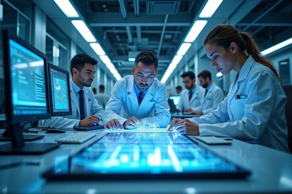Laboratoire futuriste avec ordinateurs quantiques et scientifiques