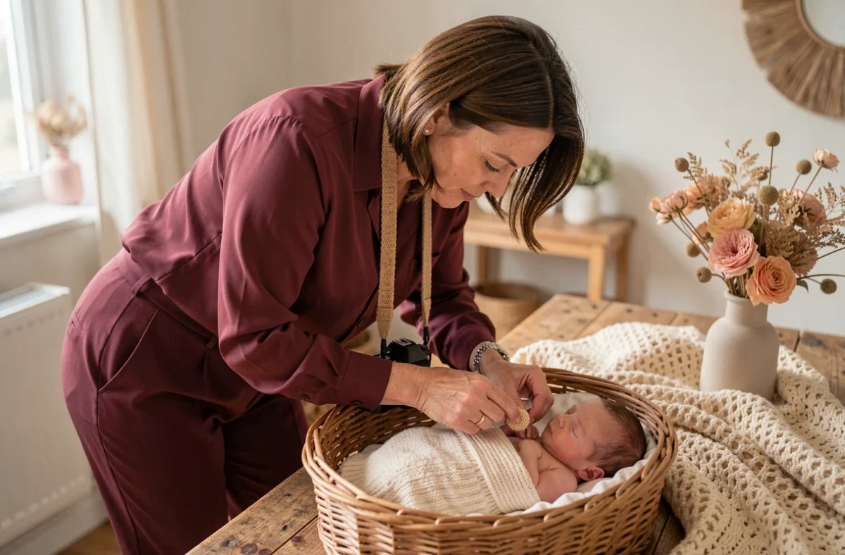 Marilyne Lebret photographe spécialisée en séance naissance avec panier en osier et couvertures tricotées