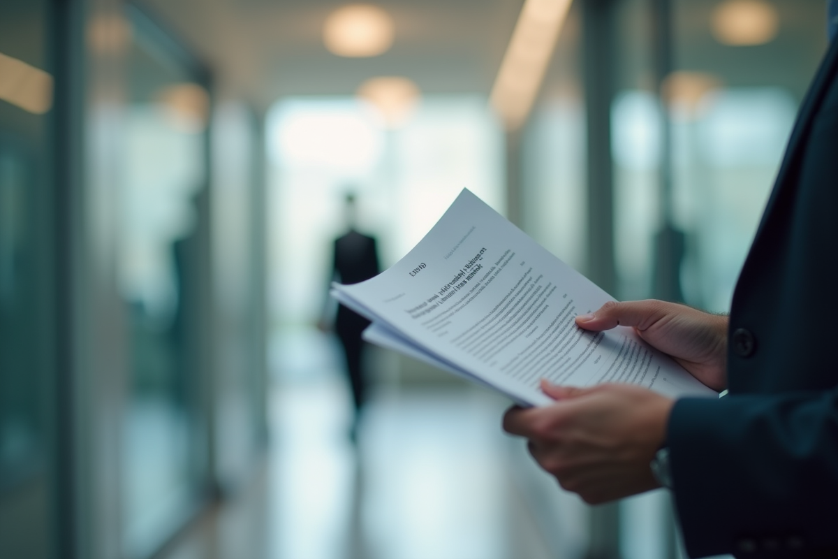 Employé lisant un document dans un couloir lumineux