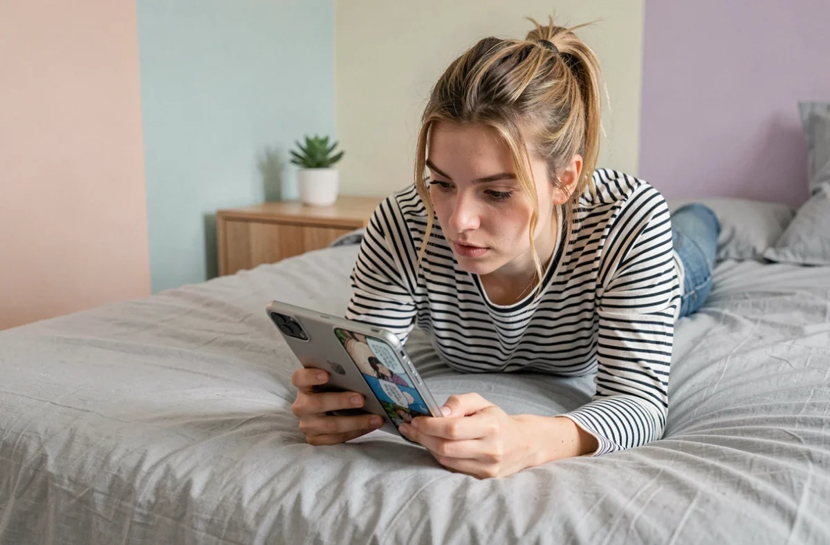 Jeune femme allongée sur son lit lisant un scan manga One Piece sur son téléphone portable