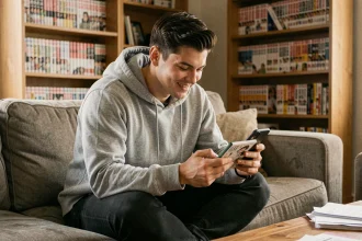 Jeune homme lisant One Piece sur smartphone via Sushi Scan dans un appartement cosy entouré de mangas