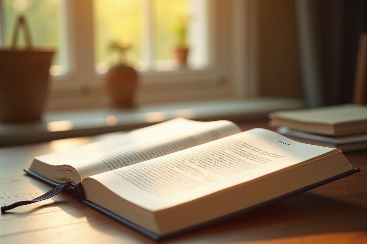 Livre de grammaire française ouvert sur un bureau ensoleille